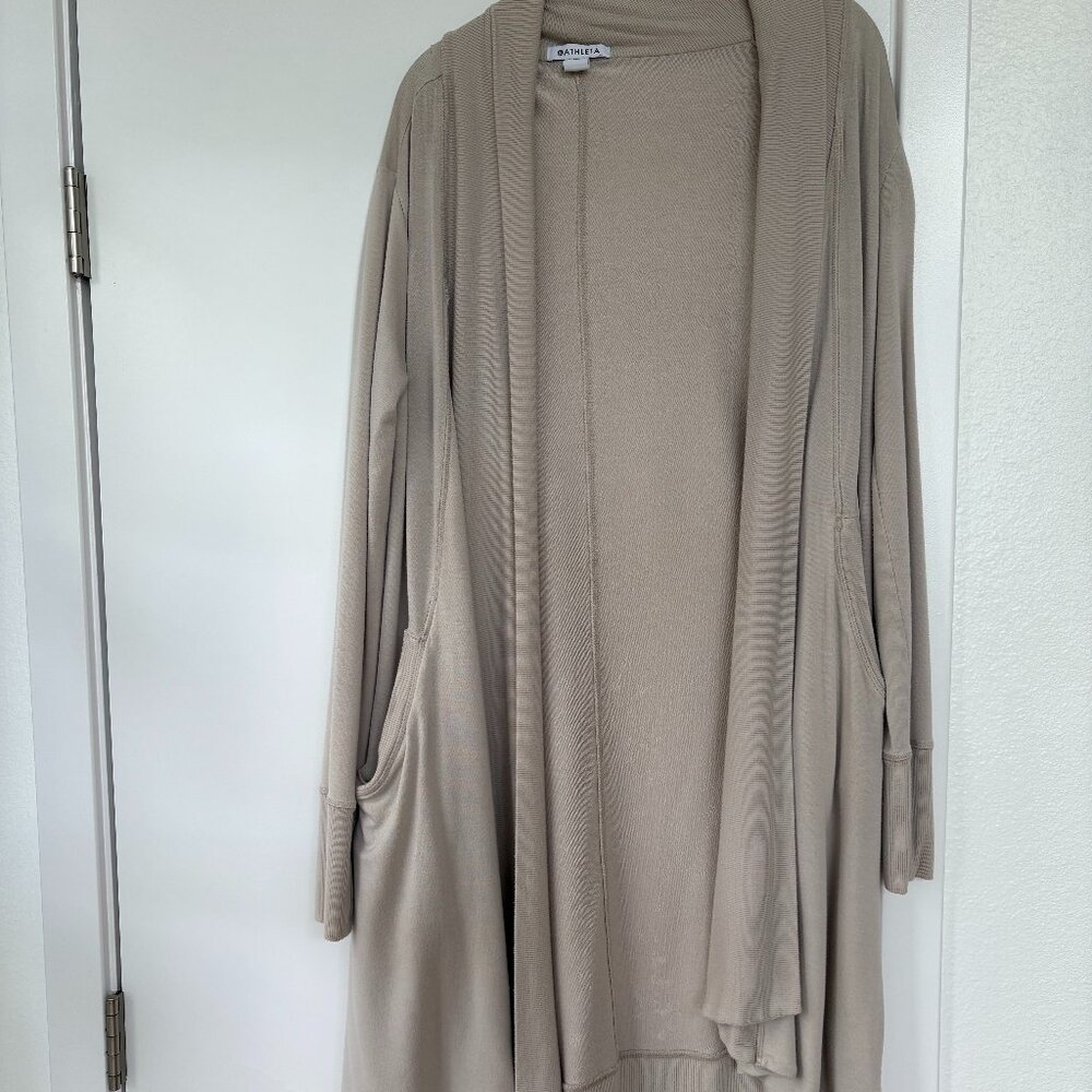Athleta‎ Open Front Cardigan in Beige, Front Pockets, Flowy, Size Small